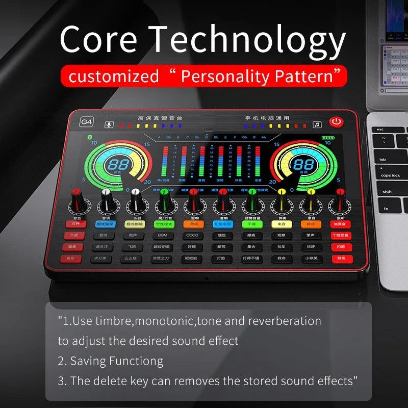 G4 professional audio sound card mixer with colour LCD screen, multiple knobs, and a microphone on a black background.