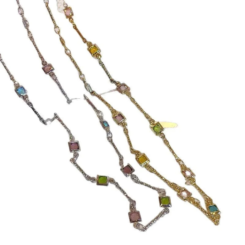 Square colour clavicle chain necklace with geometric artificial crystal pendant in gold tone