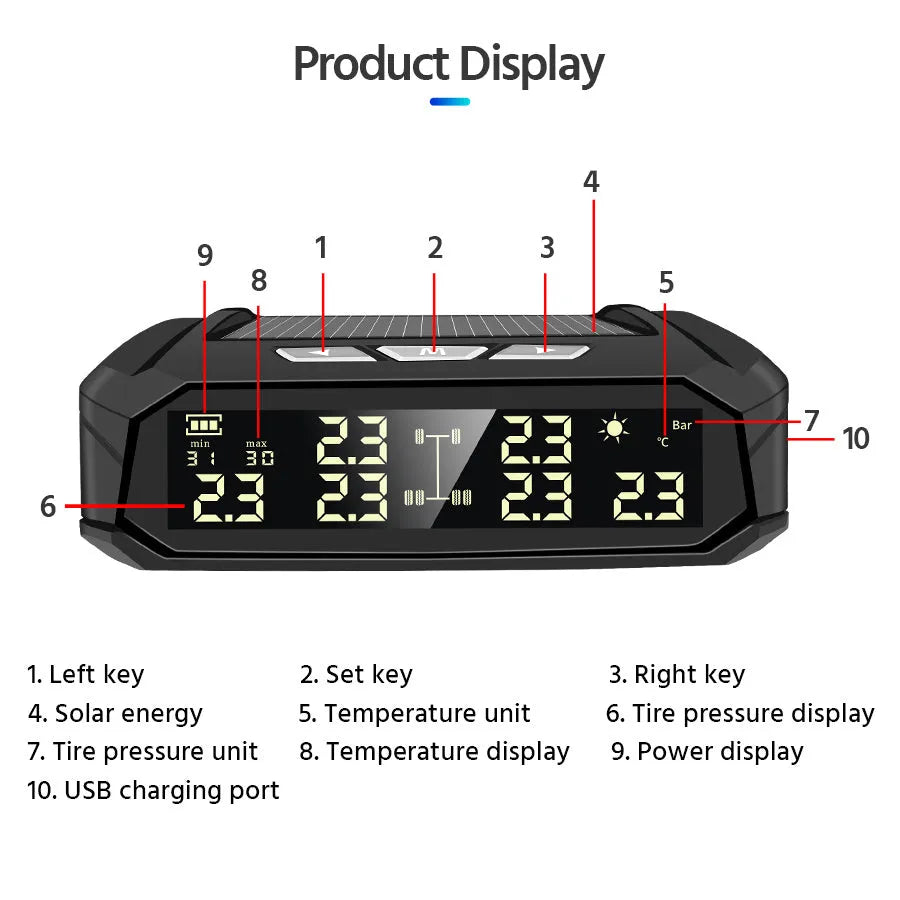 Solar-powered external tyre pressure monitor for six-wheel RVs and trucks with colour display