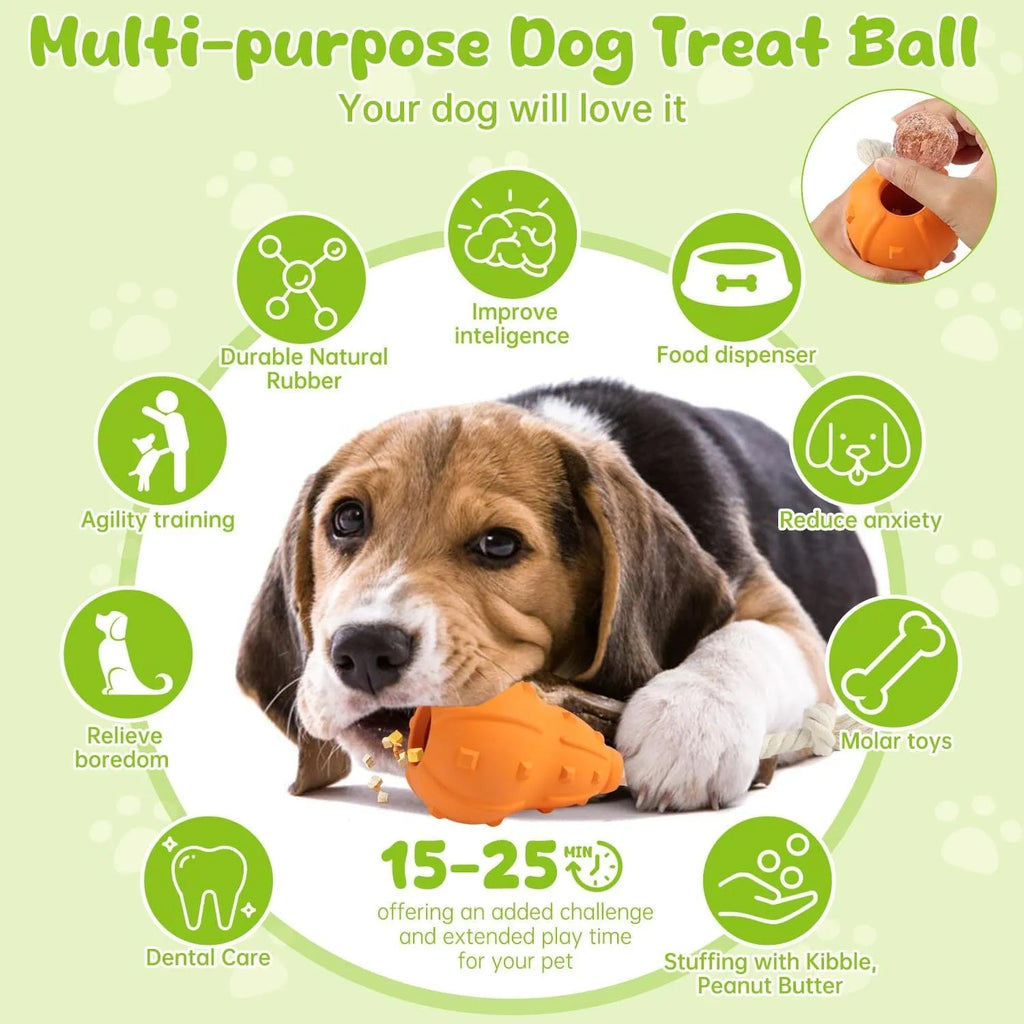 Natural rubber stuffable dog toy with treat hole and strap for small medium breed dogs.