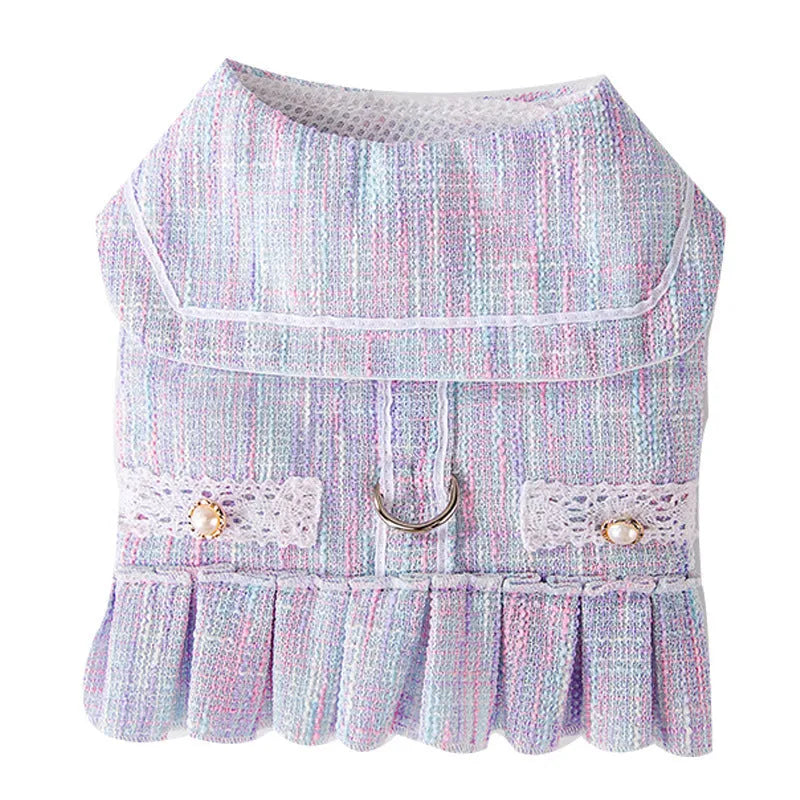 Purple or pink polyester pet clothing for a small dog or cat, showing size options S, M, L, XL.