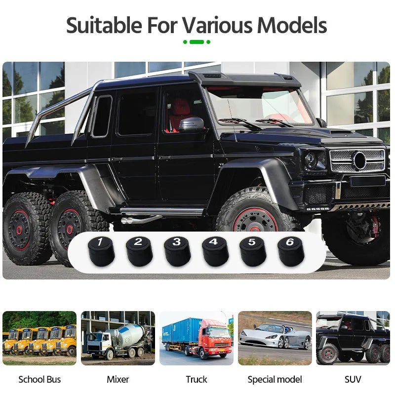 Solar-powered external tyre pressure monitor for six-wheel RVs and trucks with colour display
