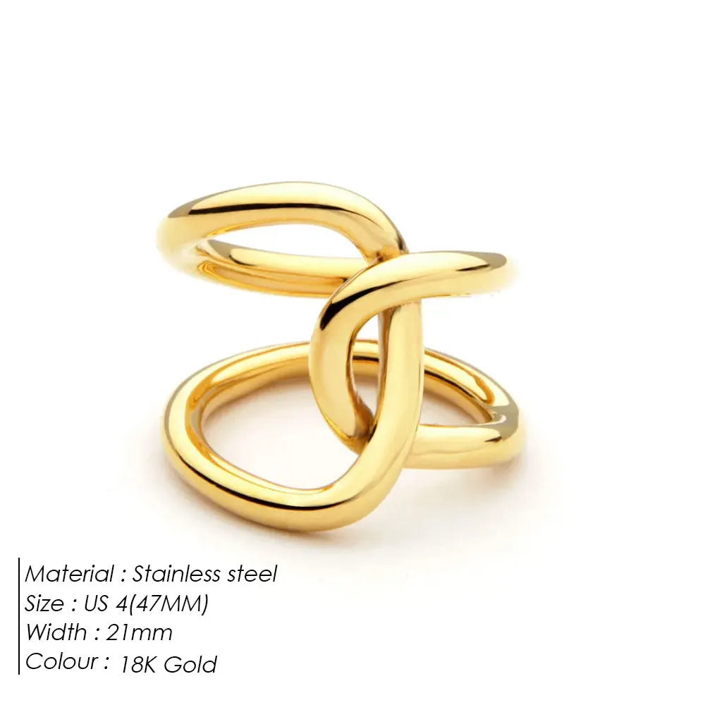 Adjustable knotted women's ring in stainless steel with geometric U-shape, shown in gold and steel colours.