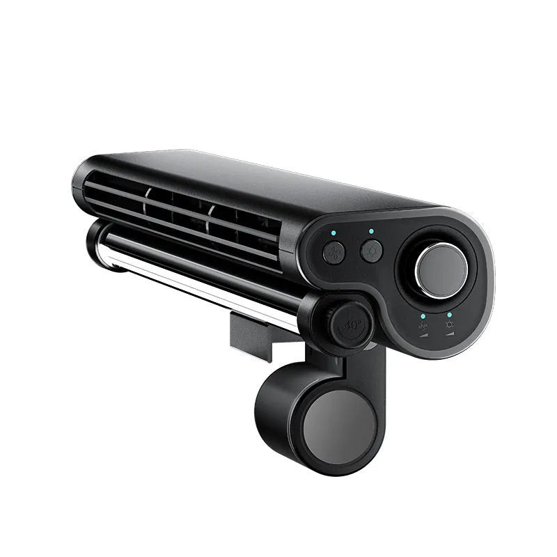 Black bladeless clip-on laptop fan with integrated lighting lamp showing USB cable and screen attachment mechanism