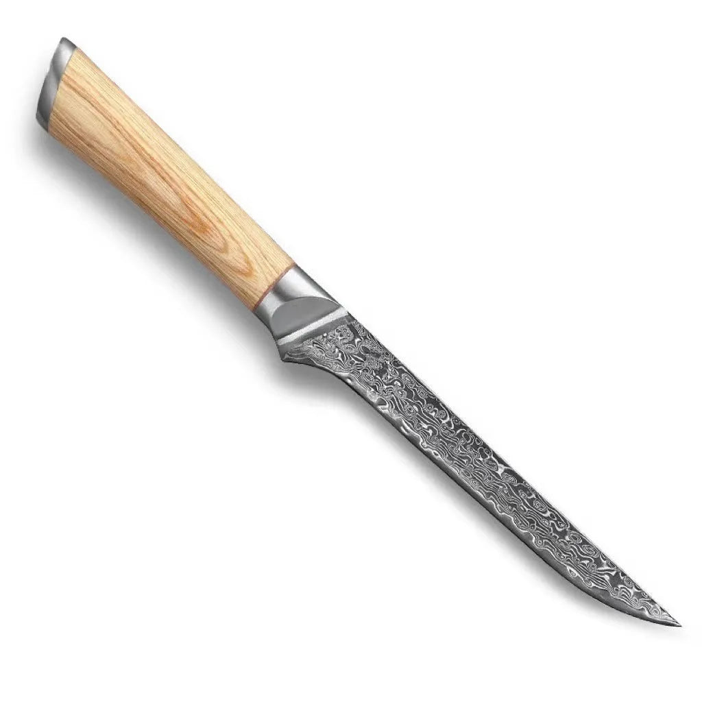 Damascus 12-piece kitchen knife set showing layered steel pattern on various blade sizes from 3.5-inch to 9-inch