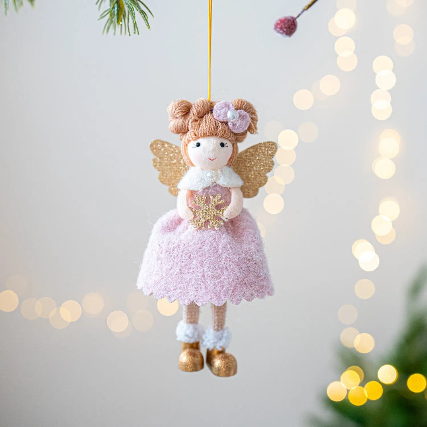 Pink and white Christmas angel wings plush pendant ornament with modern simplicity design