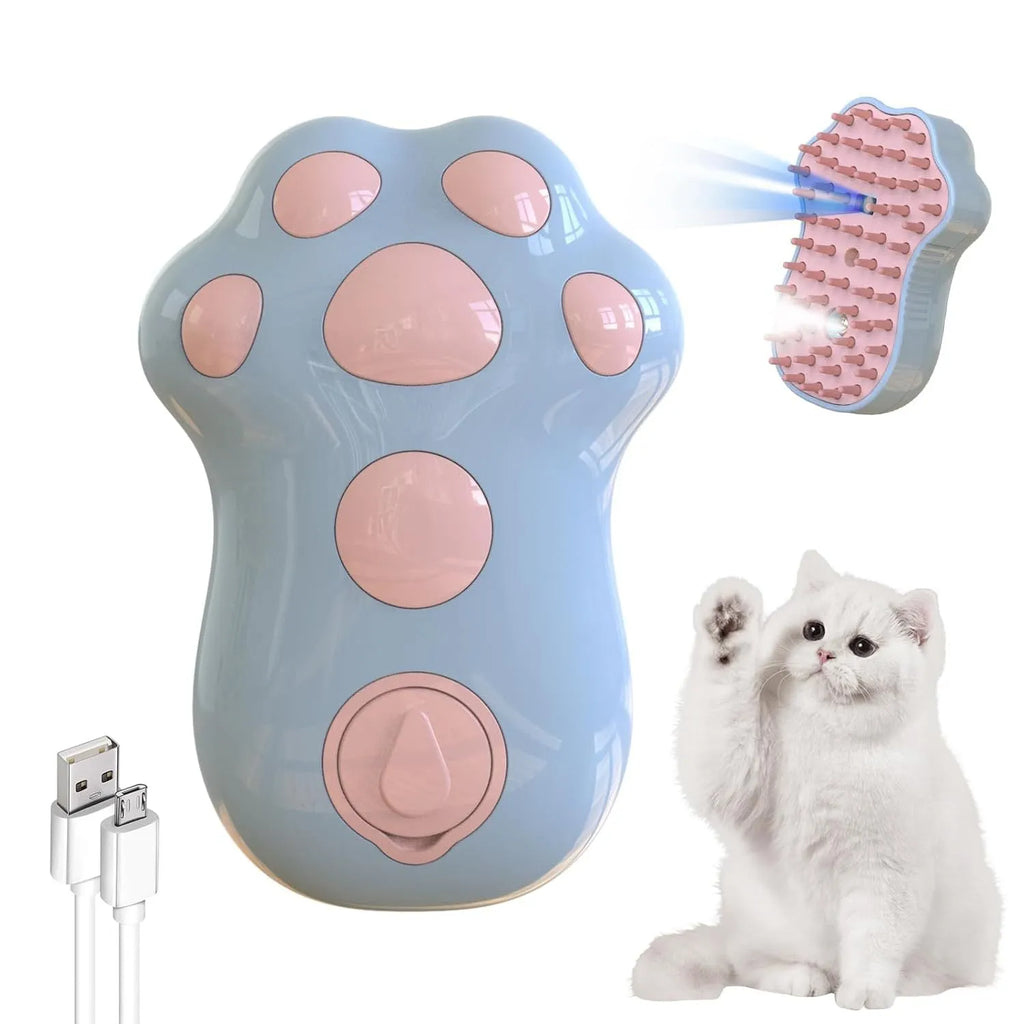 Blue self-cleaning cat steam brush with silicone bristles and a water spray function.
