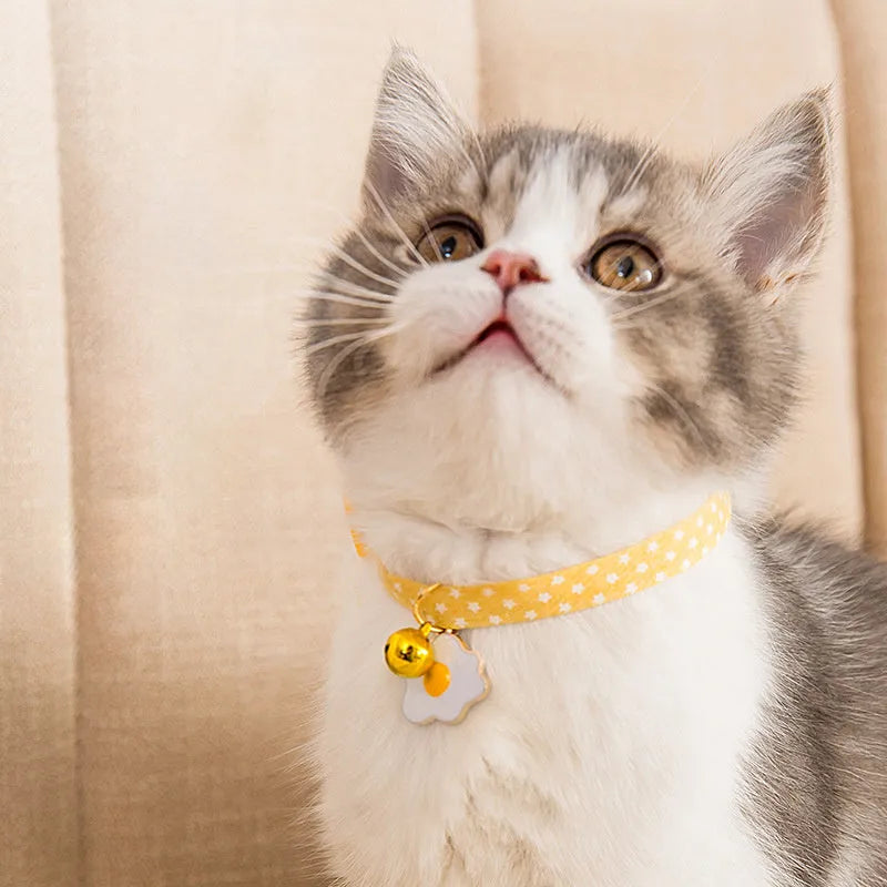Green adjustable cat collar with a silver bell and a matching bow tie on a white background