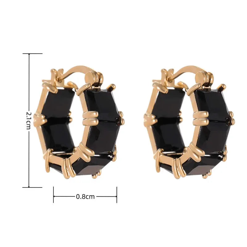 Geometric U-shaped gold-plated earrings with crystal zirconium decoration in black, pink or white options