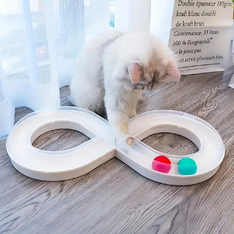 Blue and white cat toy turntable track with ball and teasing stick measuring 50cm length