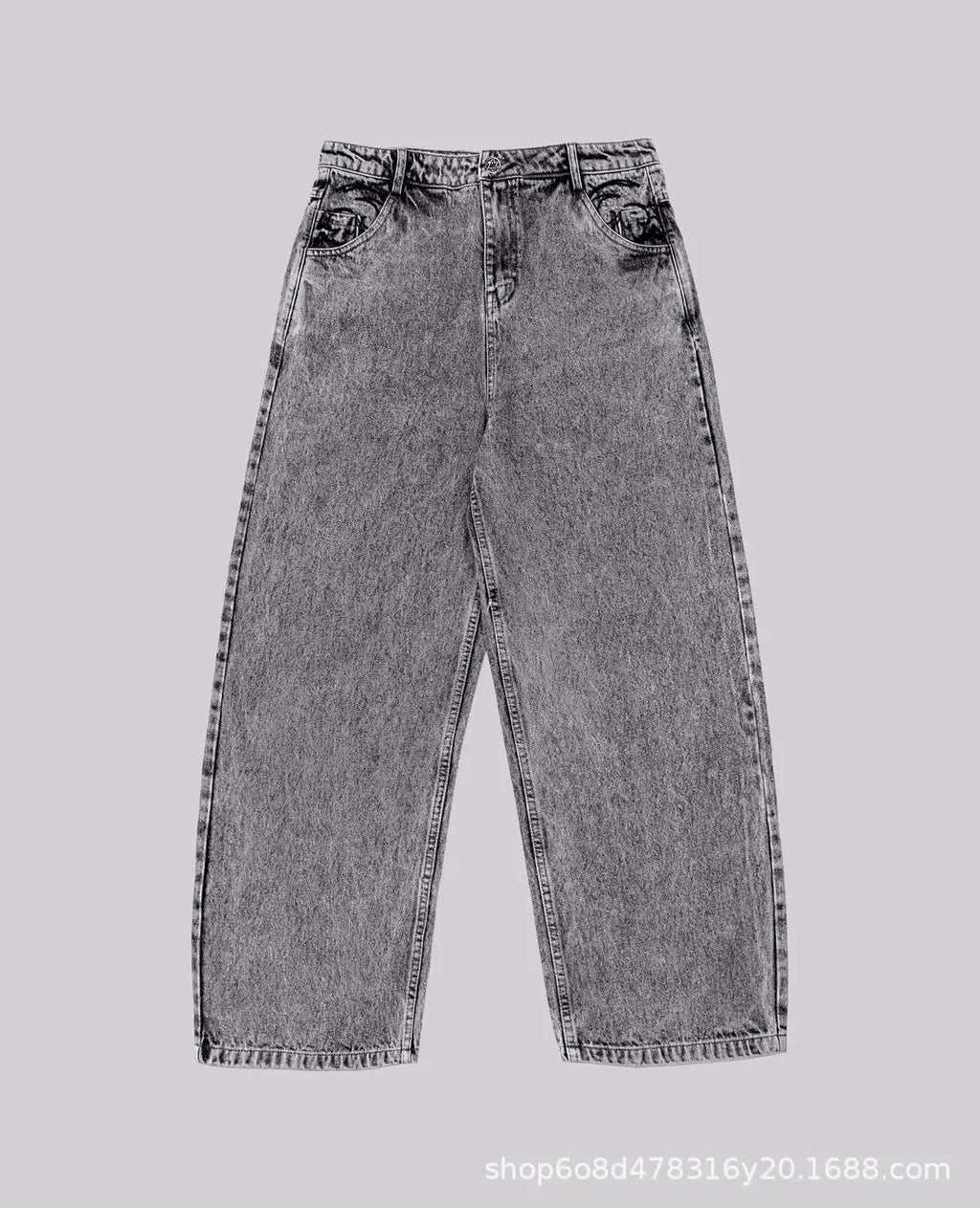 Grey loose straight-leg denim trousers for men and women on a neutral background