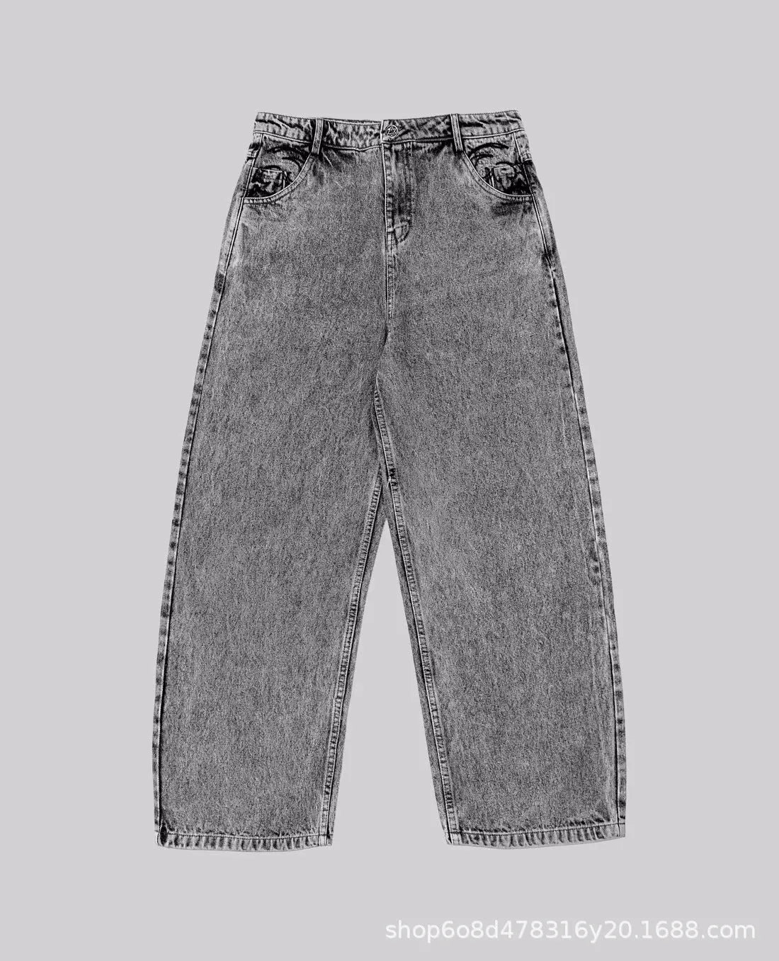 Grey loose straight-leg denim trousers for men and women on a neutral background
