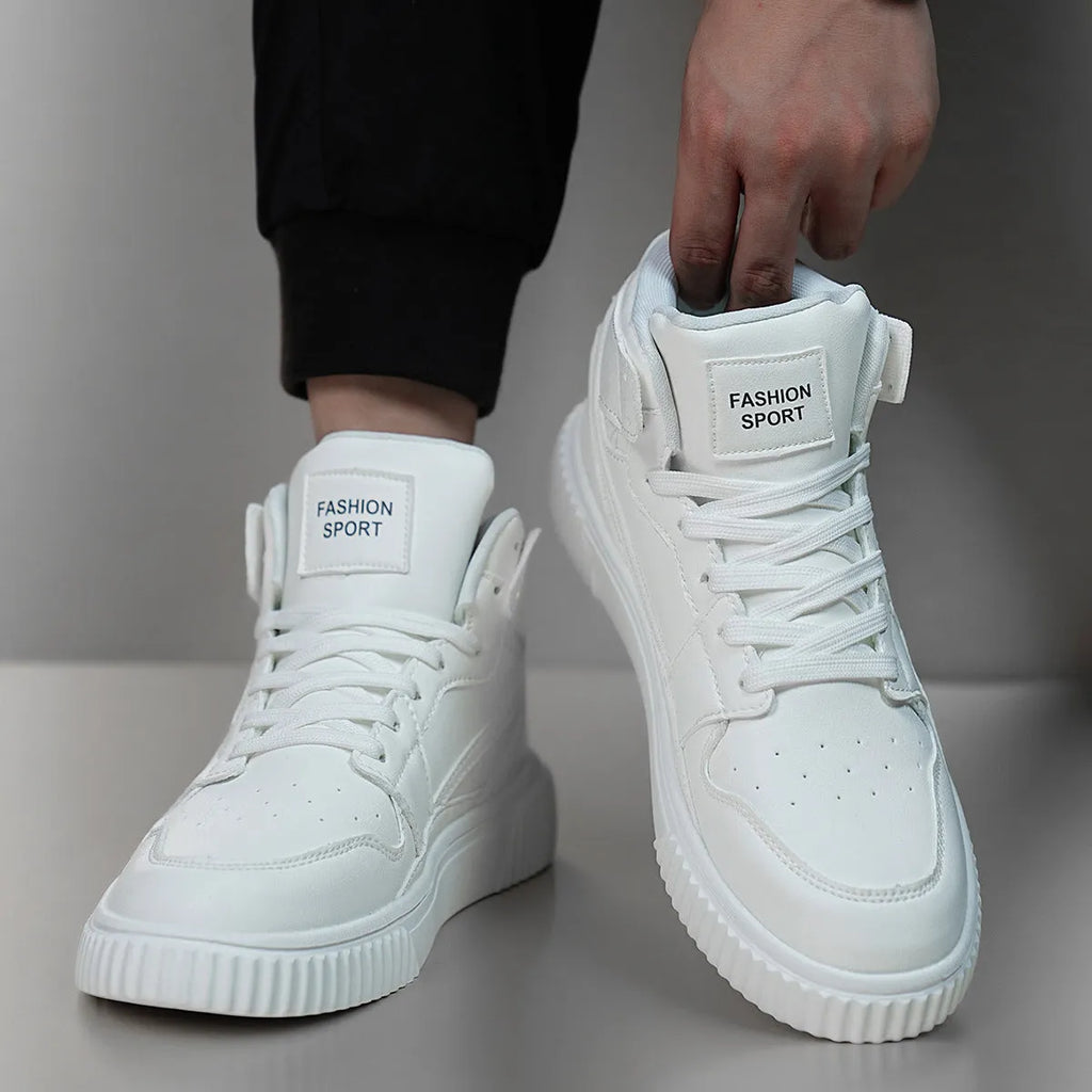 White men's casual shoes with round toe design and microfiber upper material