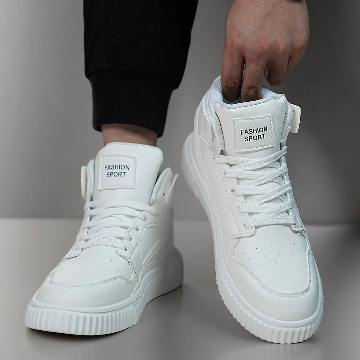 White men's casual shoes with round toe design and microfiber upper material