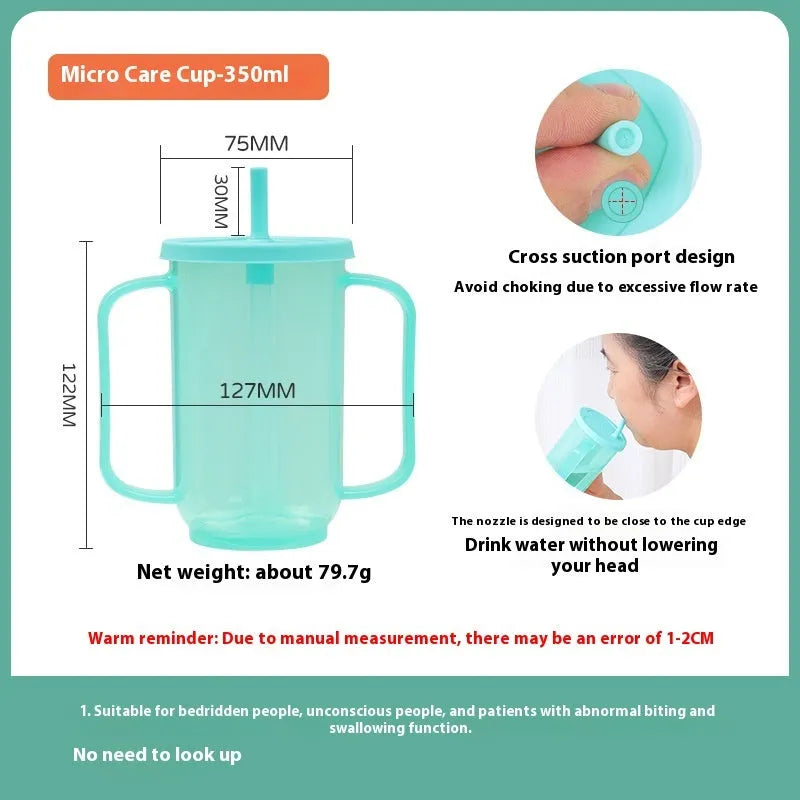 Adult anti-choke care cup with slanted spout, handle and lid in PP material