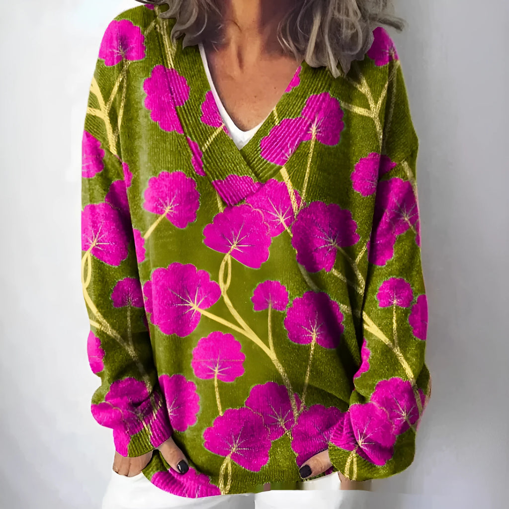 Women's V-neck long sleeve sweatshirt with a detailed 3D floral pattern print in a retro style.
