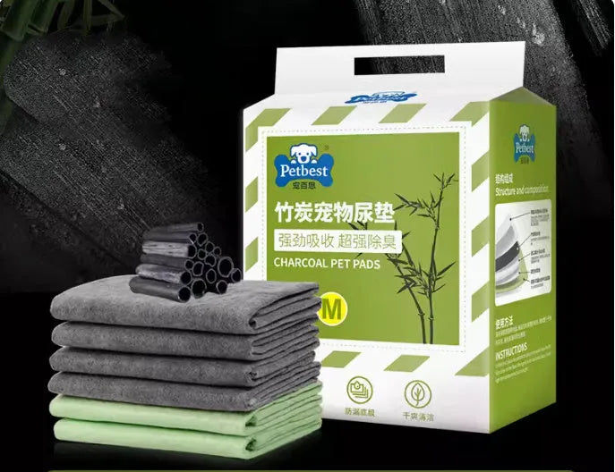 Pack of thickened disposable dog urine pads showing adhesive backing and size options