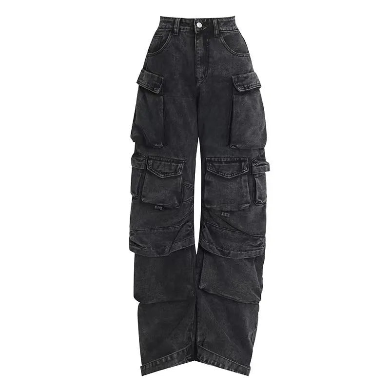 Women's blue high waist wide leg denim jeans with multiple pockets on a neutral background.