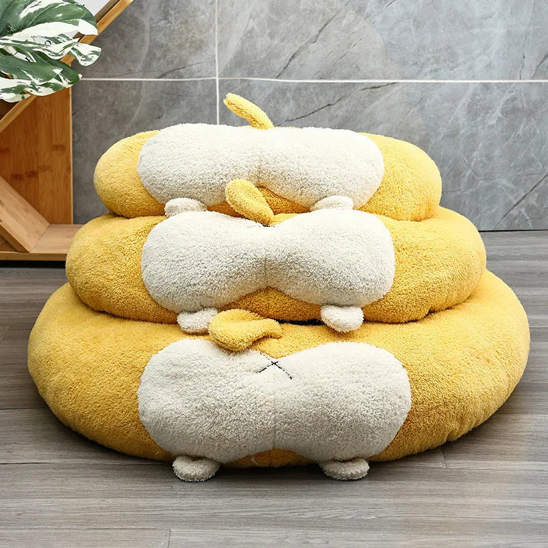 Corgi-shaped soft plush pet bed for dogs and cats with PP cotton filling, shown in available sizes.