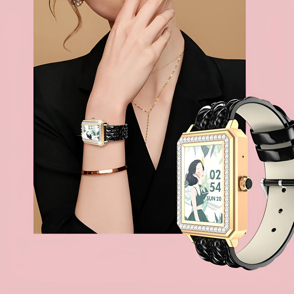 Women's smart bracelet with 1.65-inch touchscreen and genuine leather strap in multiple colours