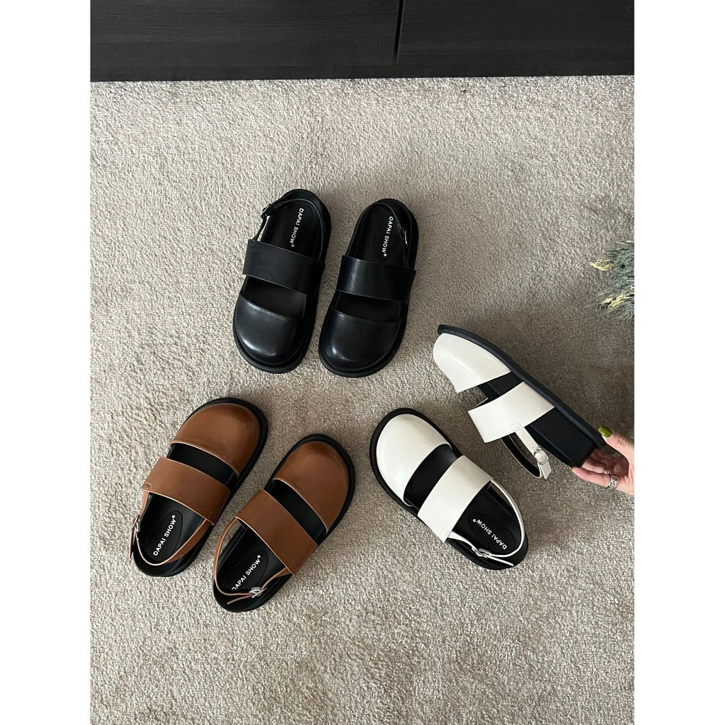Korean style retro sandals with raised sole, closed toe and adjustable ankle strap buckle in microfiber