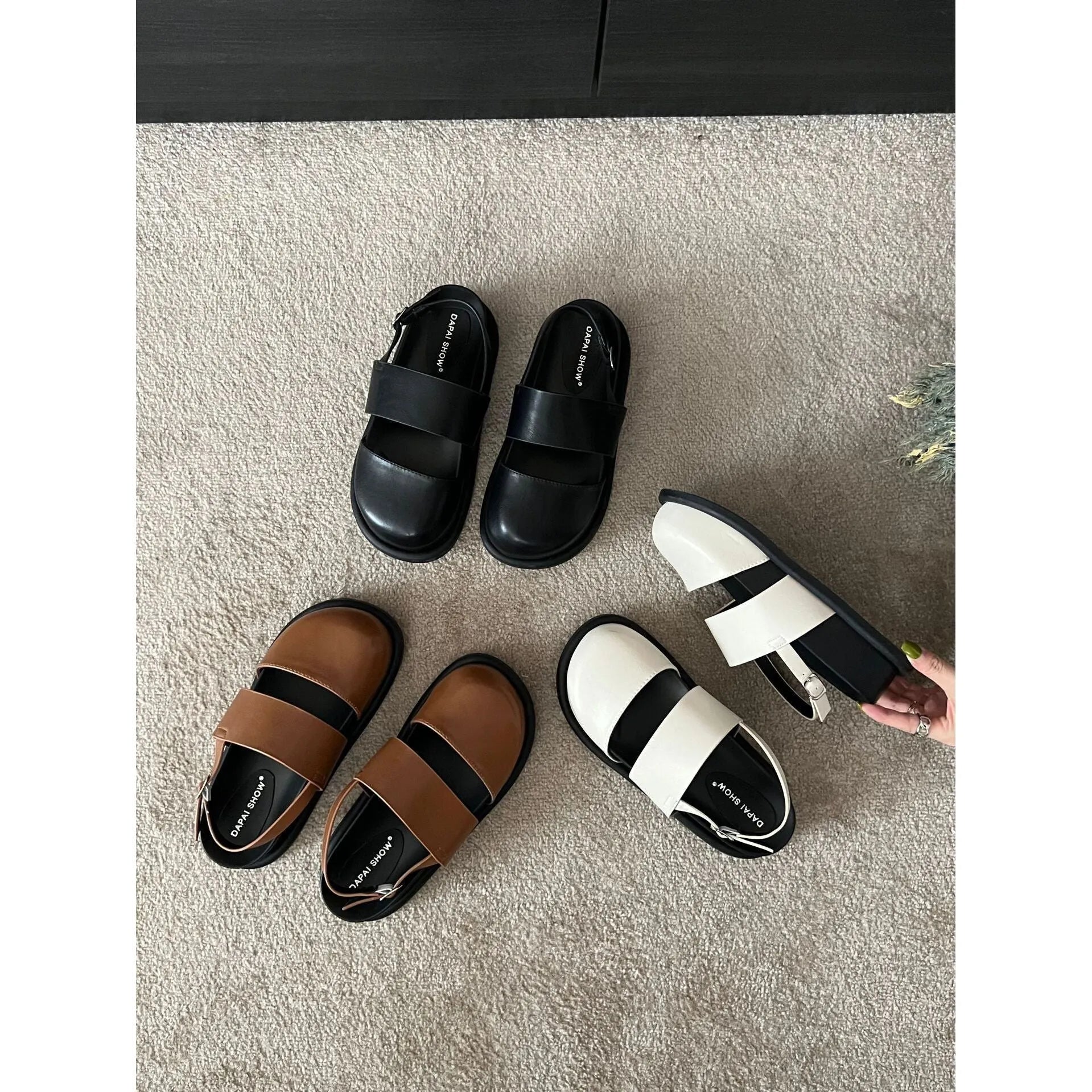 Korean style retro sandals with raised sole, closed toe and adjustable ankle strap buckle in microfiber