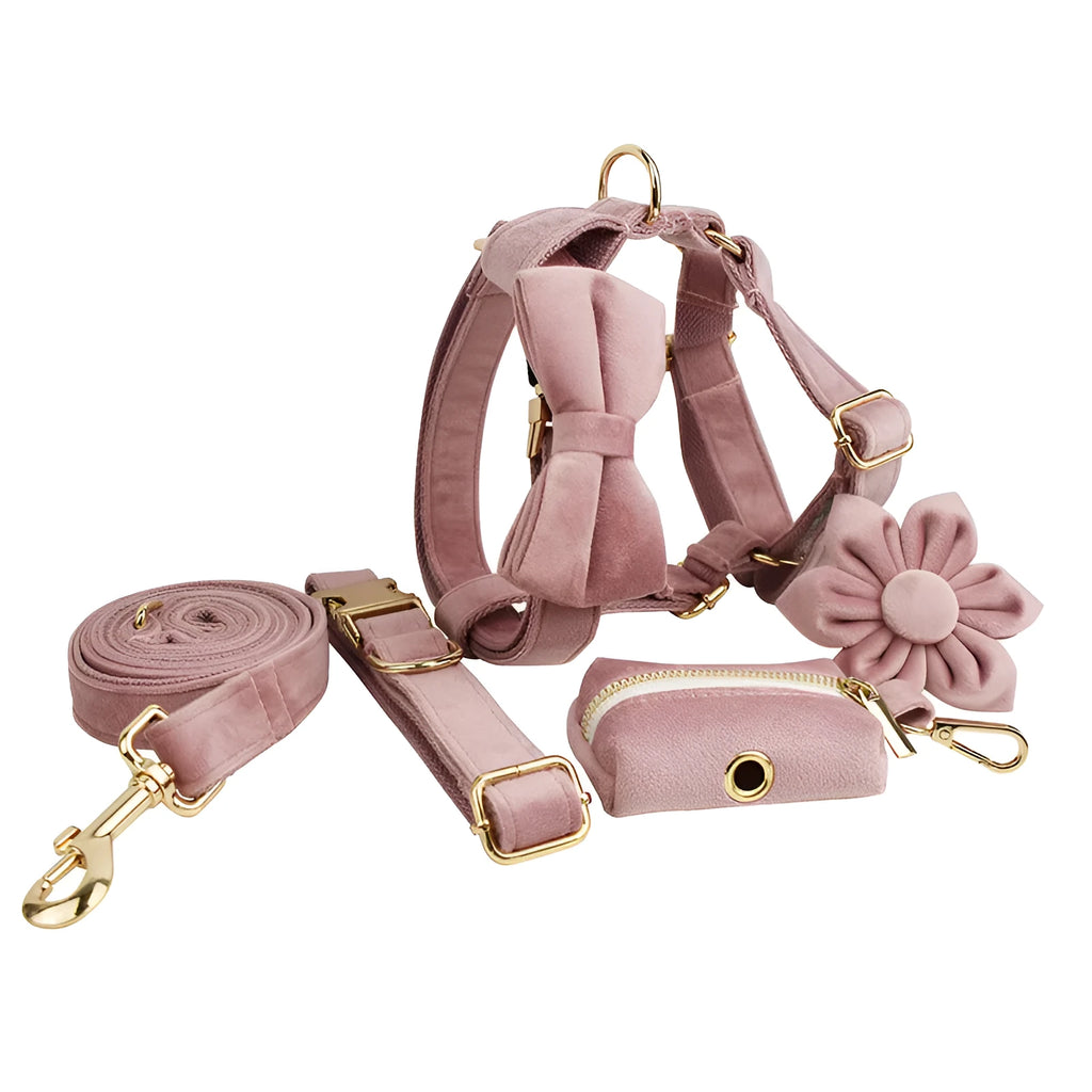 Light purple pink velvet dog collar and leash set with decorative flower accessories