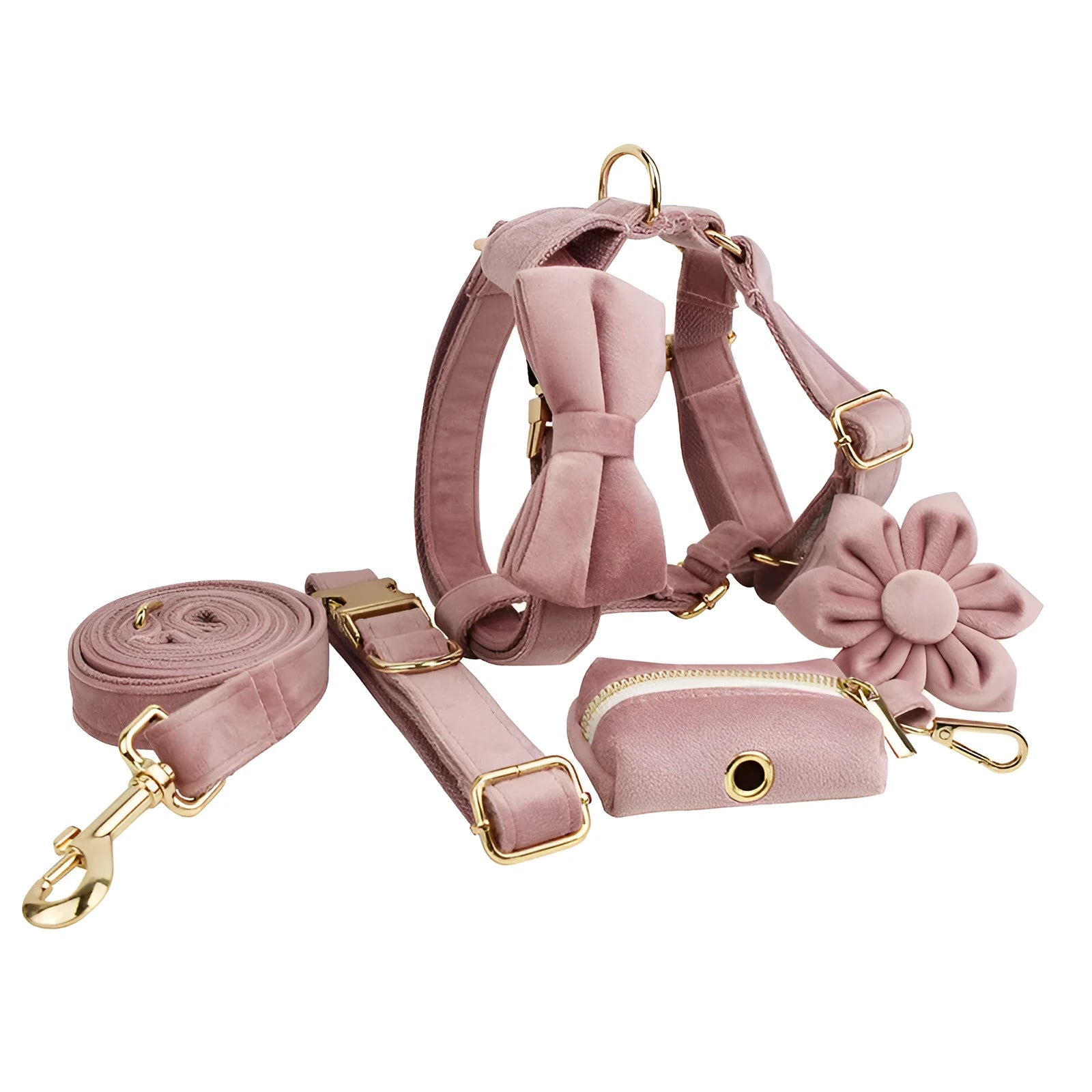 Light purple pink velvet dog collar and leash set with decorative flower accessories