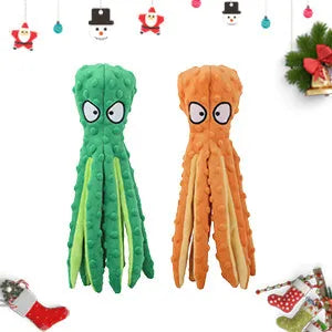 Blue octopus plush dog squeaky toy with no stuffing on a white background.