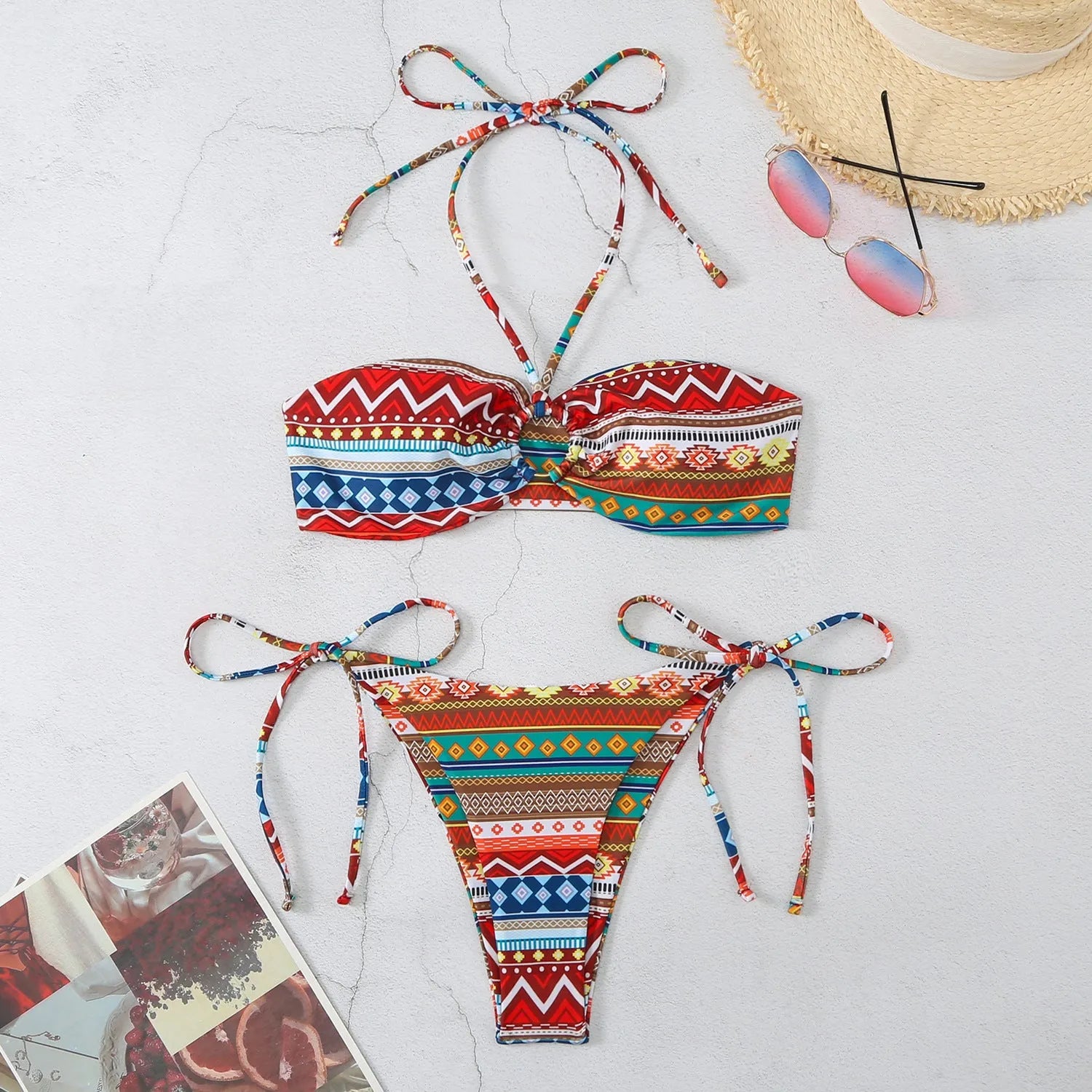 Halter neck women's split bikini swimsuit with high waist briefs in blue colour.