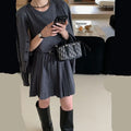 Grey art retro women's vest skirt and long-sleeve cardigan two-piece set with pleats and belt.