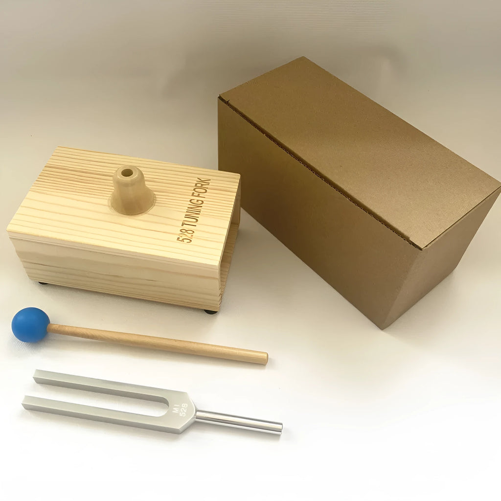 Aluminium alloy 432Hz tuning fork with speaker attachment in protective packaging