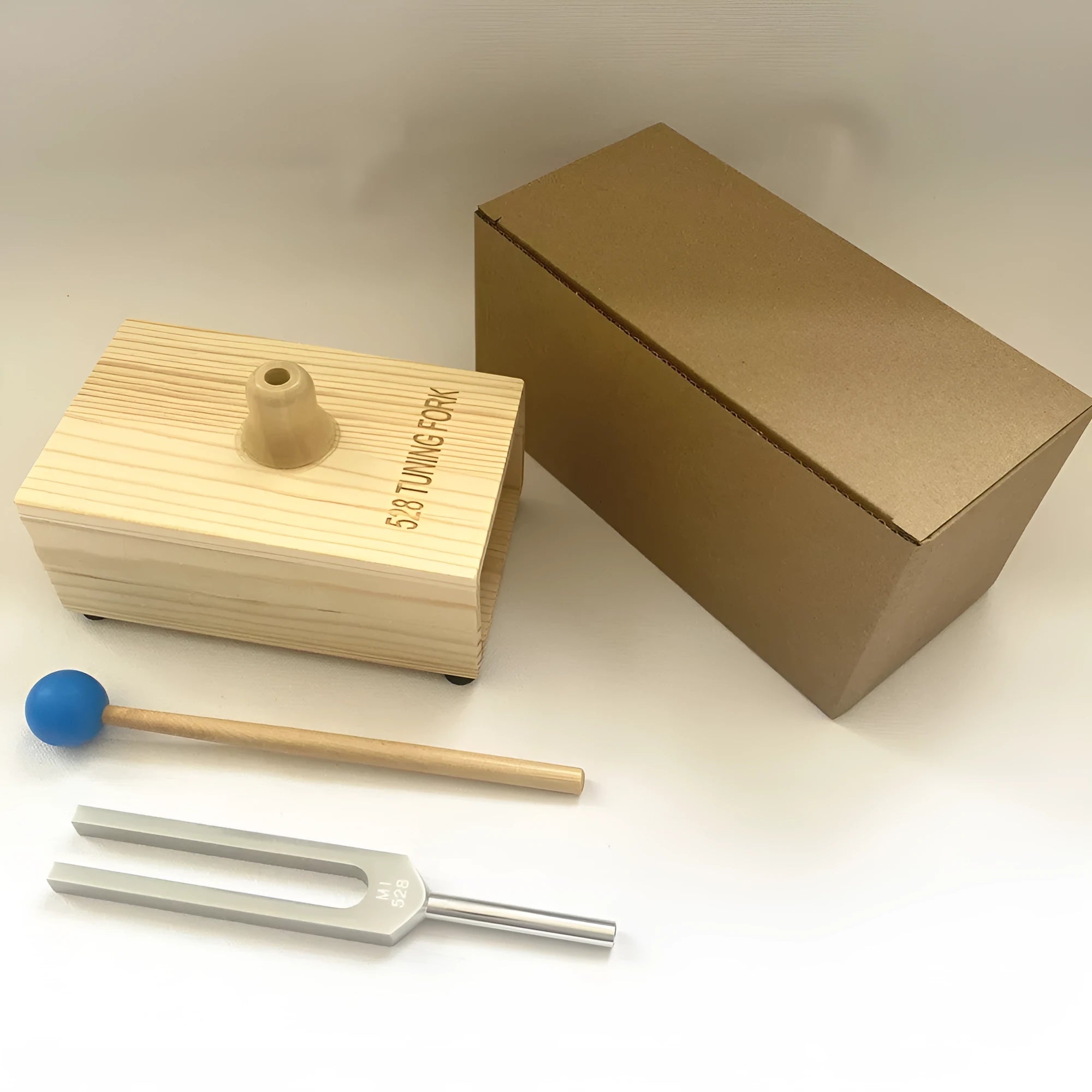 Aluminium alloy 432Hz tuning fork with speaker attachment in protective packaging