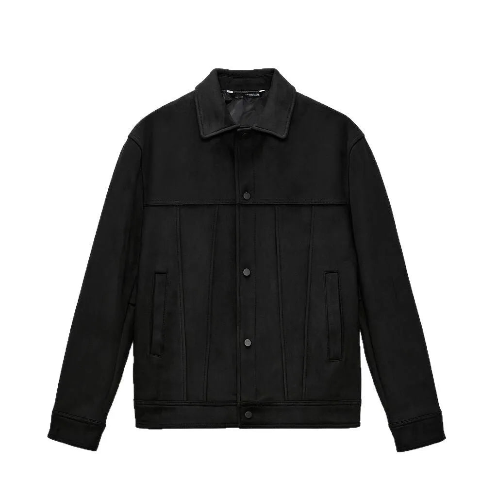 Men's black hooded jacket with suede collar showing side seam pockets and regular cut design