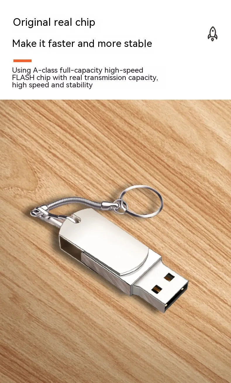 Small white metal rotating USB flash drive showing 34mm diameter size