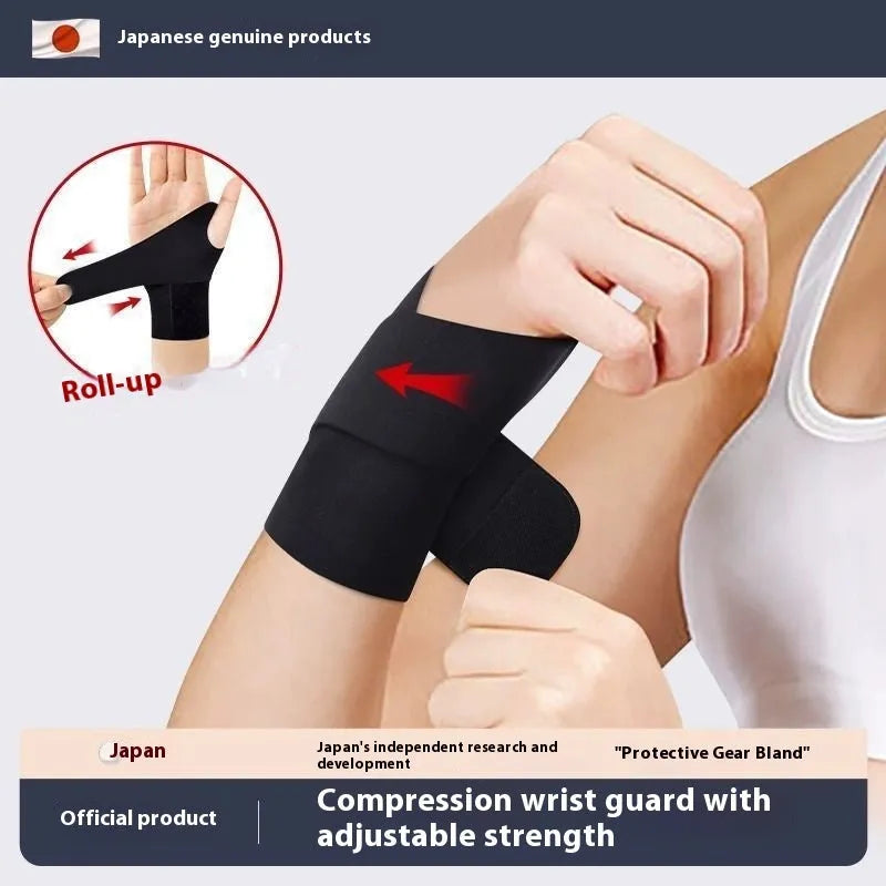 A pair of adjustable athletic wristguards in black, shown on a wrist.