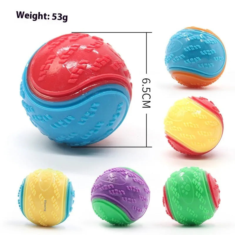 TPR dog training ball with textured surface and sound feature in assorted colour combinations