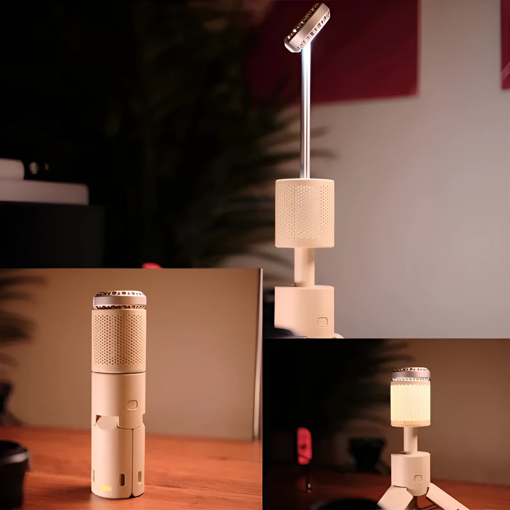 Portable LED camping lantern in off white or dark grey colour with battery compartment and button switch