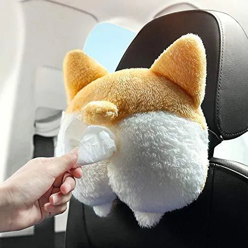 Yellow soft plush corgi butt shaped tissue box cover with elastic straps for car visor.