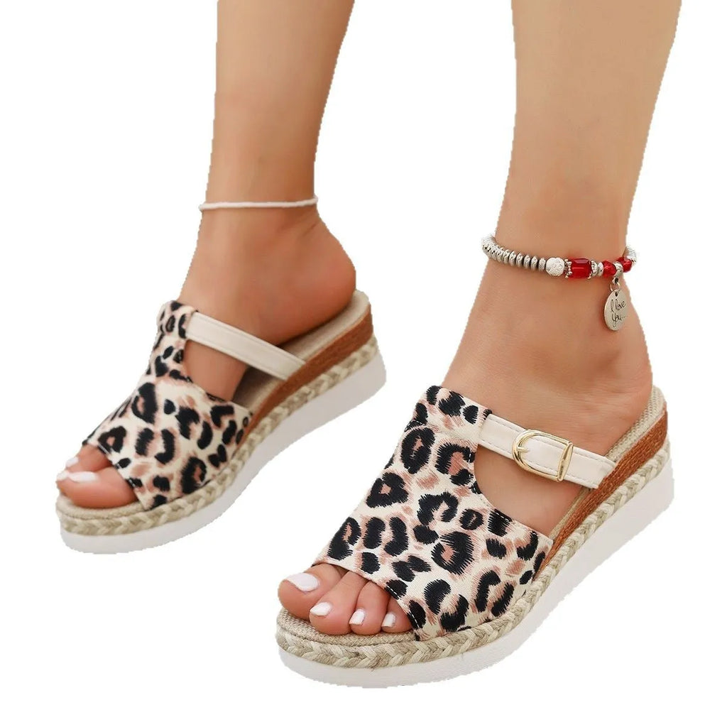 Women's beige leopard print wedge platform sandals with a fish mouth toe opening.