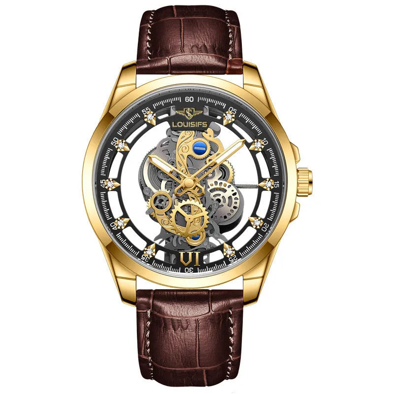 Swiss quartz men's business watch with double-sided hollow case and leather strap.