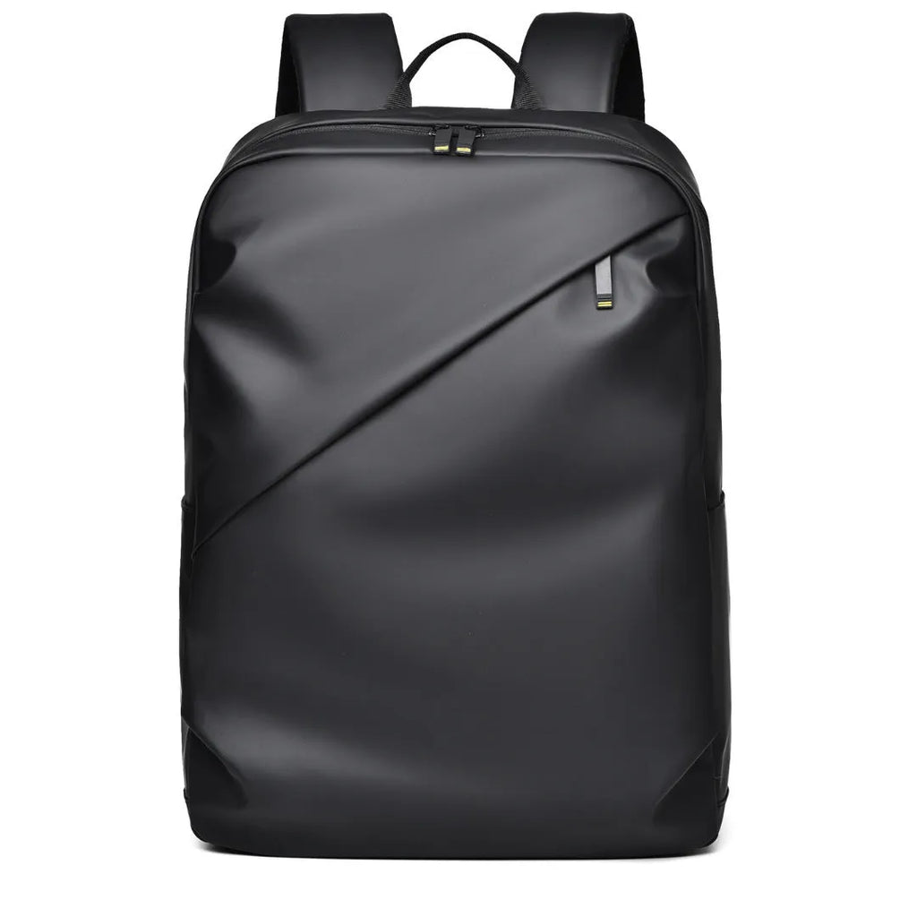 Waterproof large capacity black PU backpack with sewing thread detailing, shown closed.