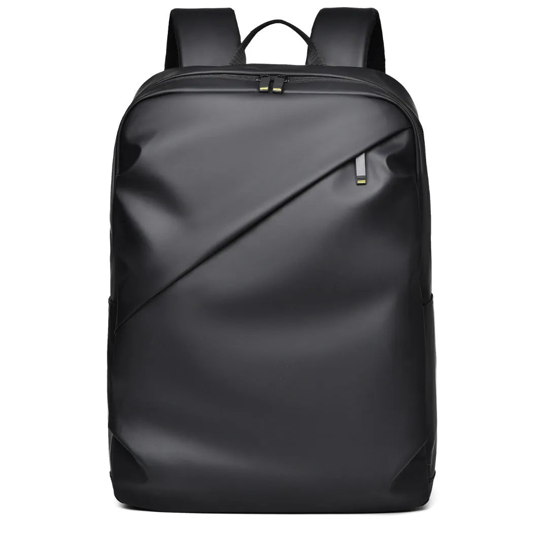Waterproof large capacity black PU backpack with sewing thread detailing, shown closed.