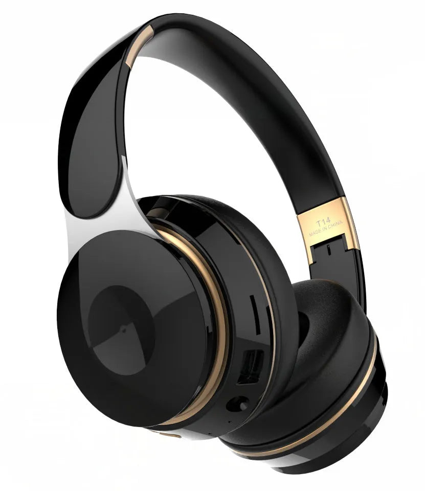 Foldable wireless Bluetooth headset shown in multiple colour options including black, white, green, blue, and pink