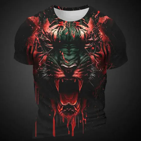 Close-up view of a man's grey T-shirt with a detailed, realistic 3D tiger face print on the chest.