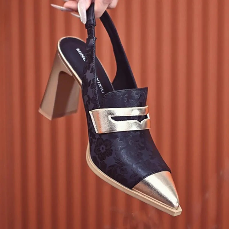 Korean style printed high-cut strap sandals with chunky heels and pointed toe design