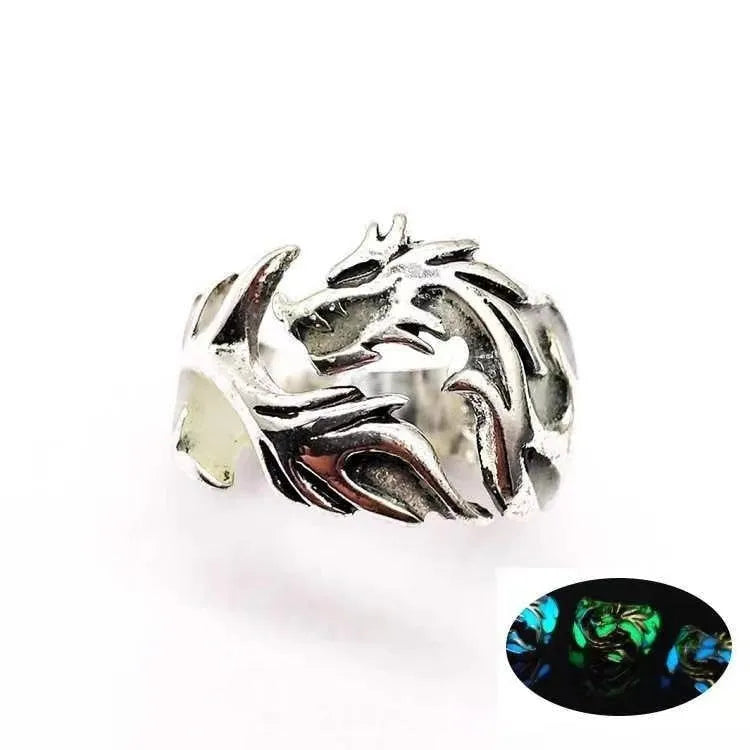 Chinese dragon pattern ring with adjustable opening in antique silver blue and green colour