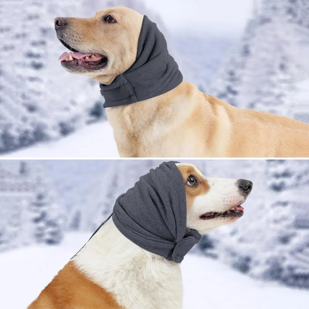 Dog wearing black calming hoodie covering ears with hair protection and scarf function
