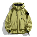 Men's black waterproof windproof hooded coat with long sleeves on a hanger.