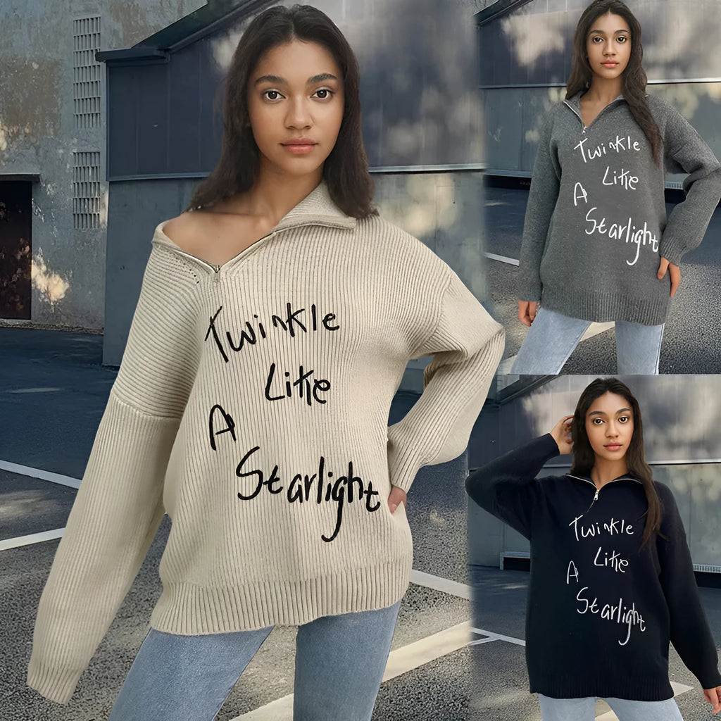 Women's light khaki alpaca wool pullover sweater with oblique zipper and retro turtleneck.